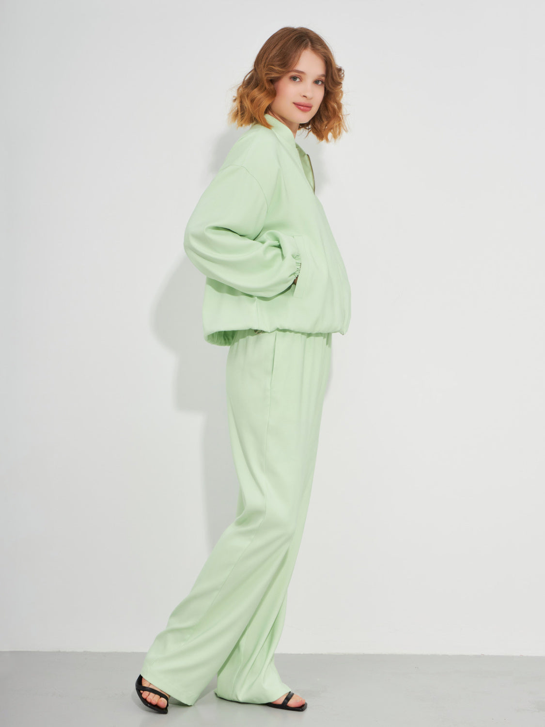 Straight Light Green Trousers with Elastic Waist