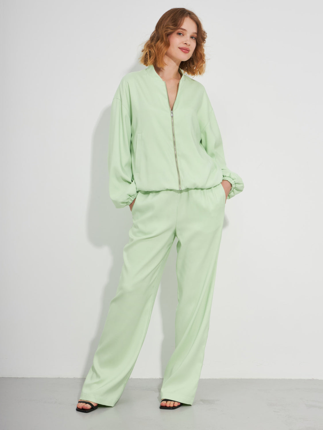 Straight Light Green Trousers with Elastic Waist