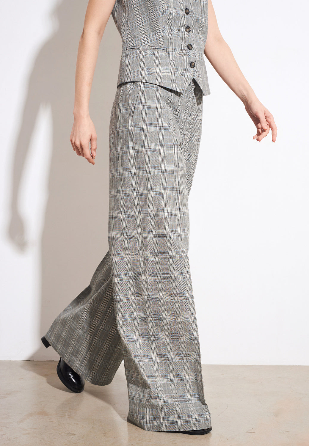 Grey Wide-Leg Plaid Trousers