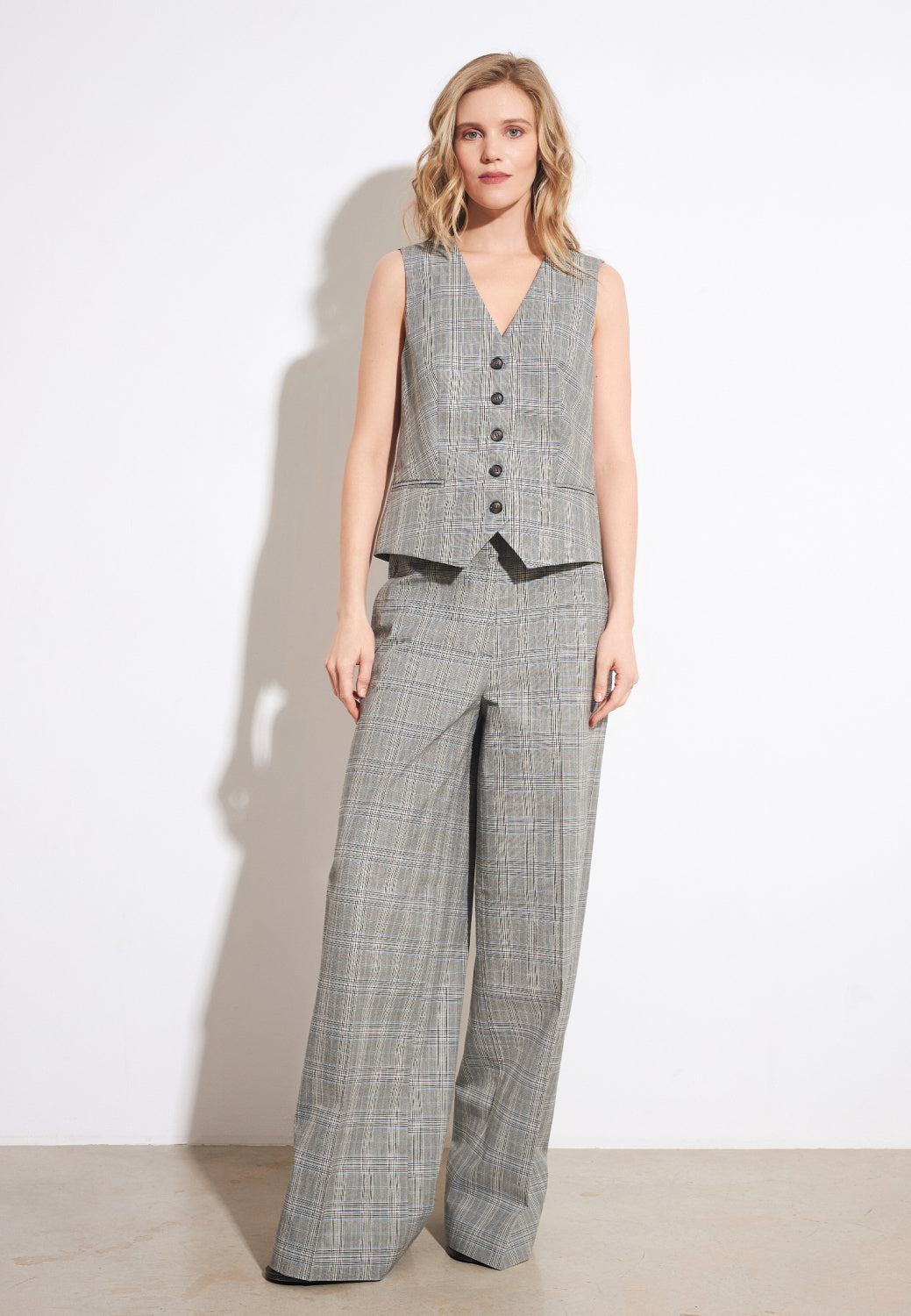 Grey Wide-Leg Plaid Trousers