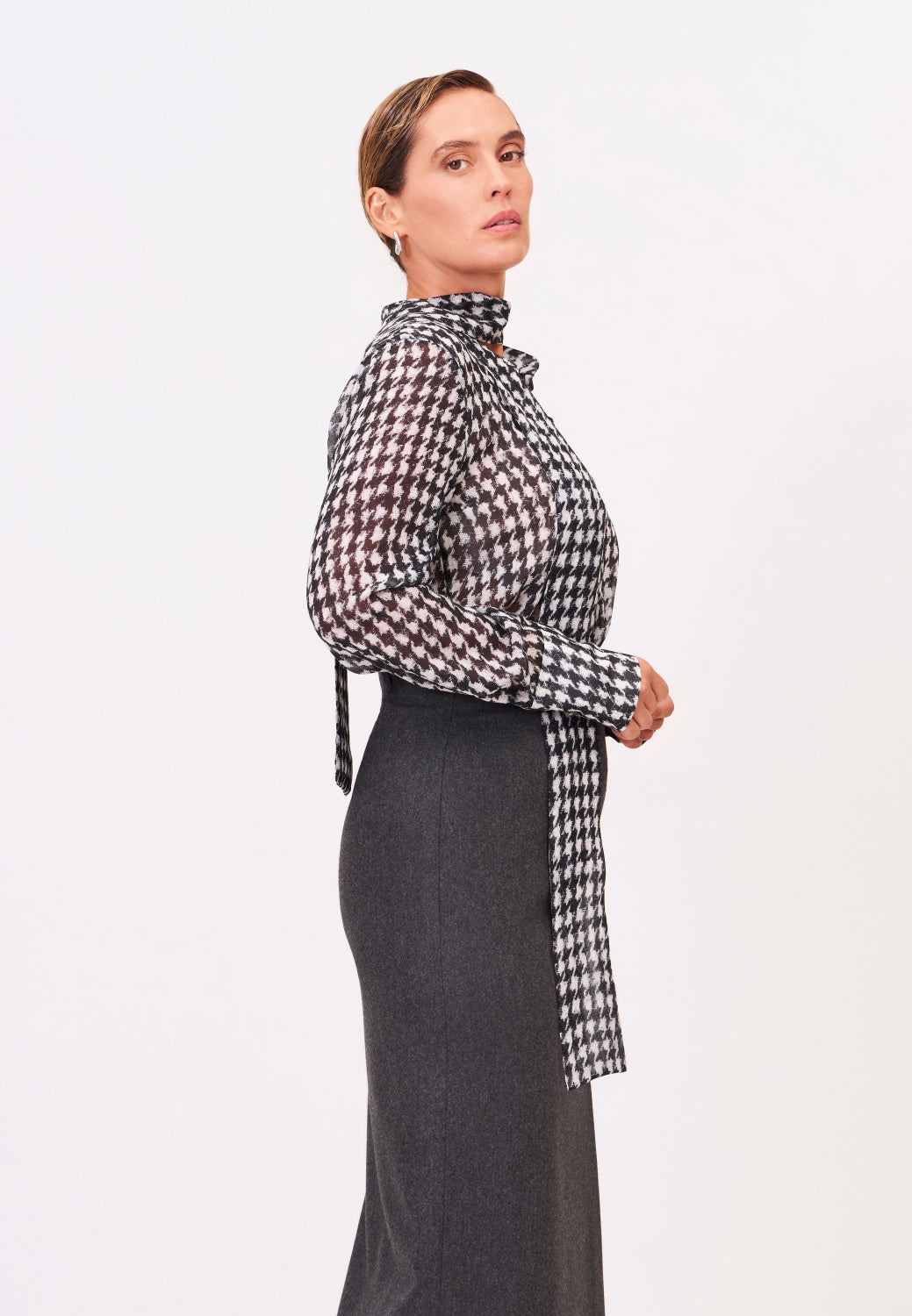 Sheer Houndstooth Print Blouse