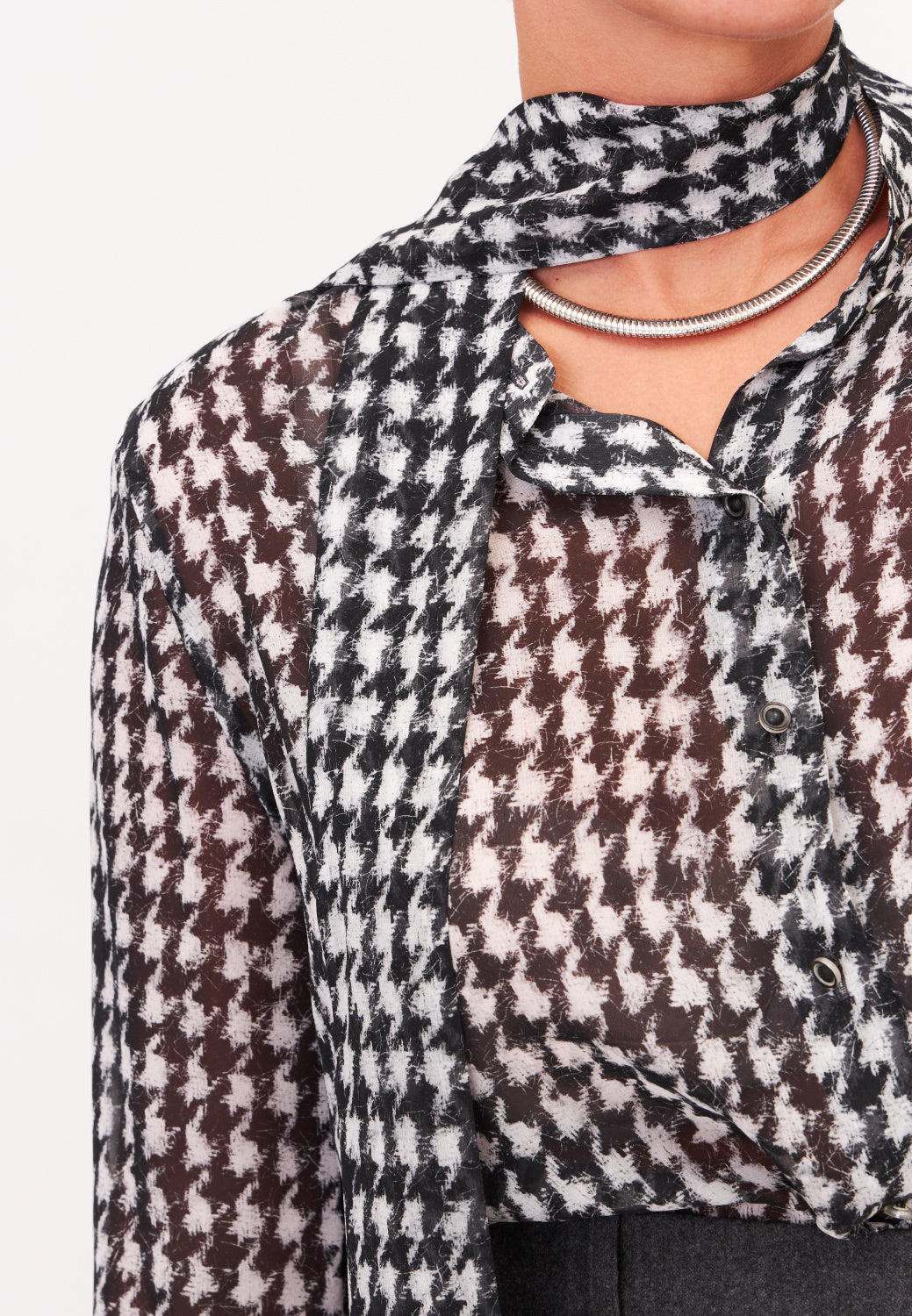 Sheer Houndstooth Print Blouse